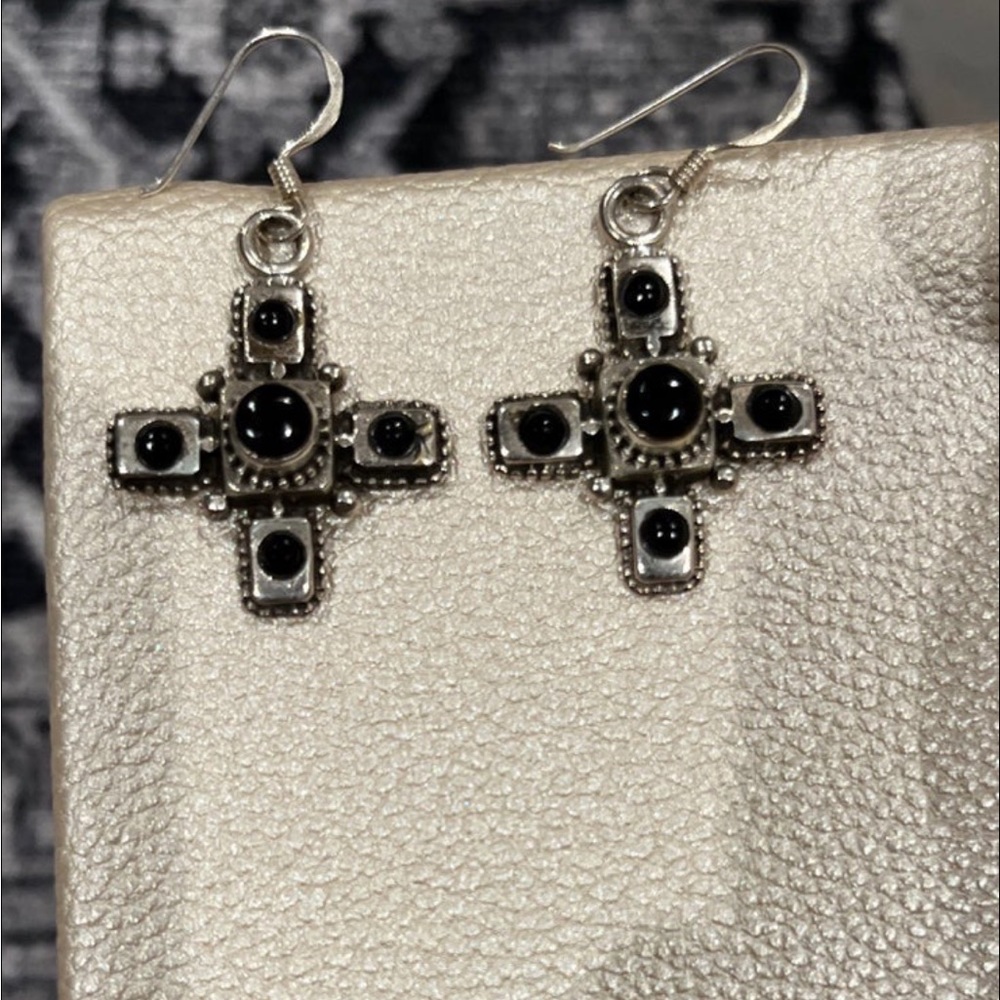 925 Silver Cross Earrings with Black Enamel